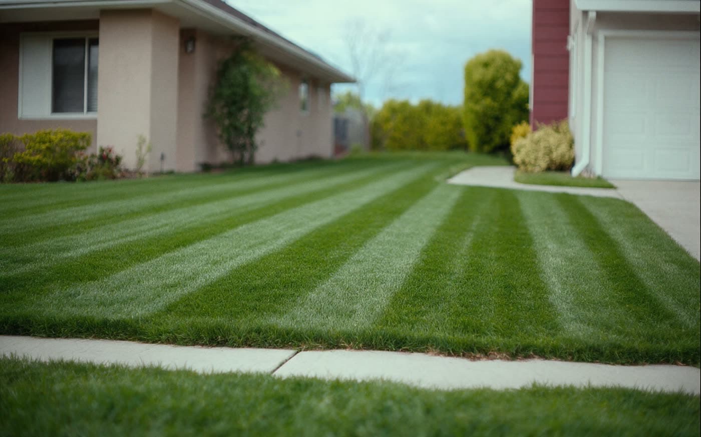 Le même parterre après la tonte : gazon court, bandes de coupe régulières et bordures nettes