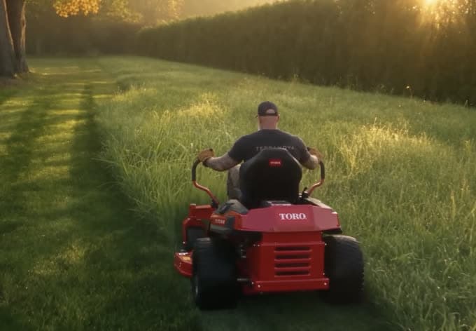 Tonte à la tondeuse autoportée dans l'herbe haute au coucher du soleil